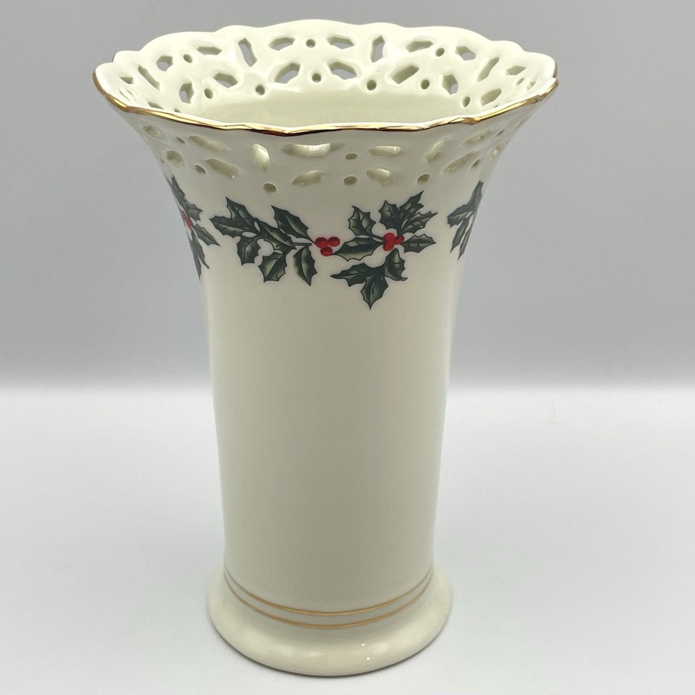 Madison & Max At Home Holly Berry Christmas Vase With Gold Trim Accents 8"